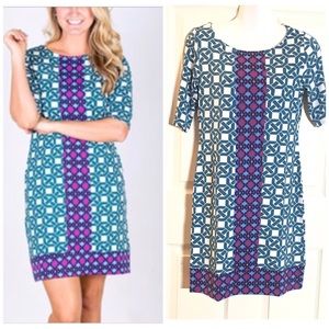 TRACY  NEGOSHIAN ALINA GEO BLOCKS TEAL DRESS